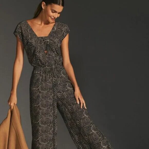 PLENTY TRACY REESE jumpsuit wide leg cutout patterned casual black tan XL - Picture 1 of 13